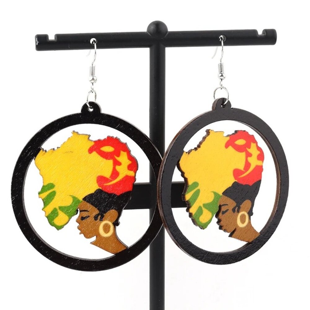 Africa Map As Woman's Afro Earrings / Africa Map Red, Yellow, Green & Black